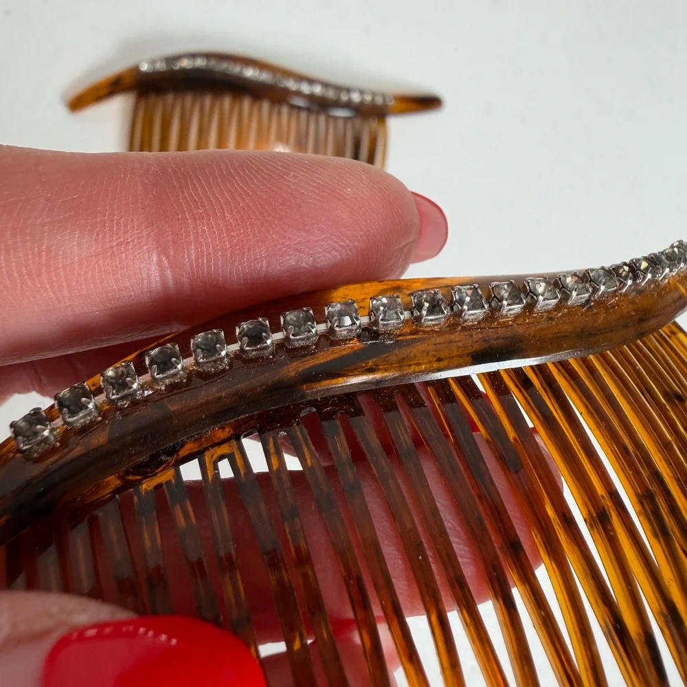 Vintage 90s Hair Comb Set Faux Tortoise Rhinestone Wave Made in USA Lot Of 2